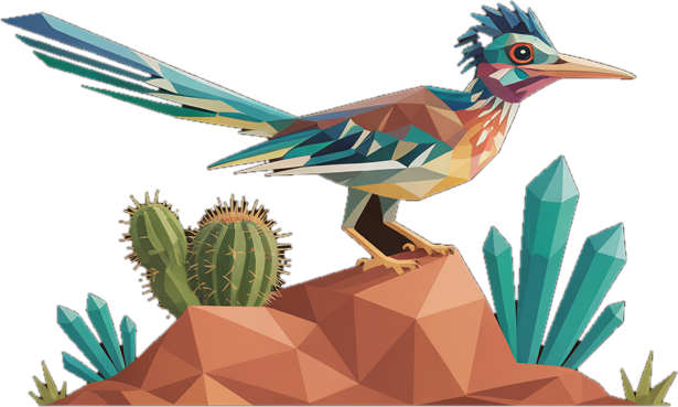 Low-poly roadrunner perched on a desert rock with teal crystals